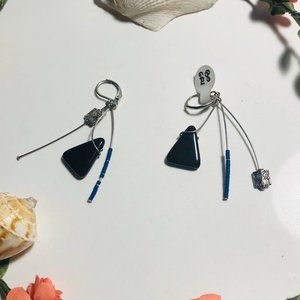 Silver Earrings with Black & Blue Triangle Beads